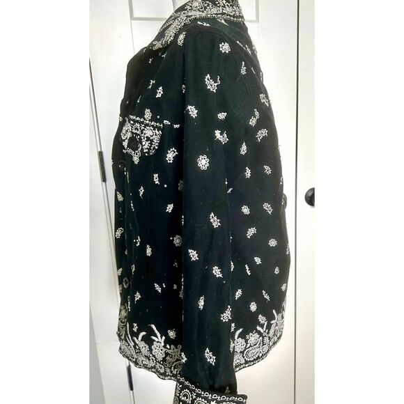B&W Quacker Factory Black Handkerchief Print Beaded Embroidered Jacket Size S - Picture 6 of 8